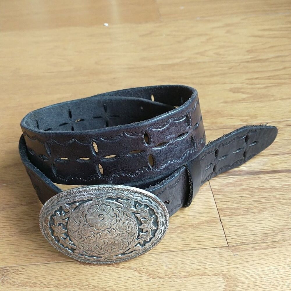 Vtg Y2K Old Navy Genuine Leather Belt Dark Brown Tooled Silver Buckle Western